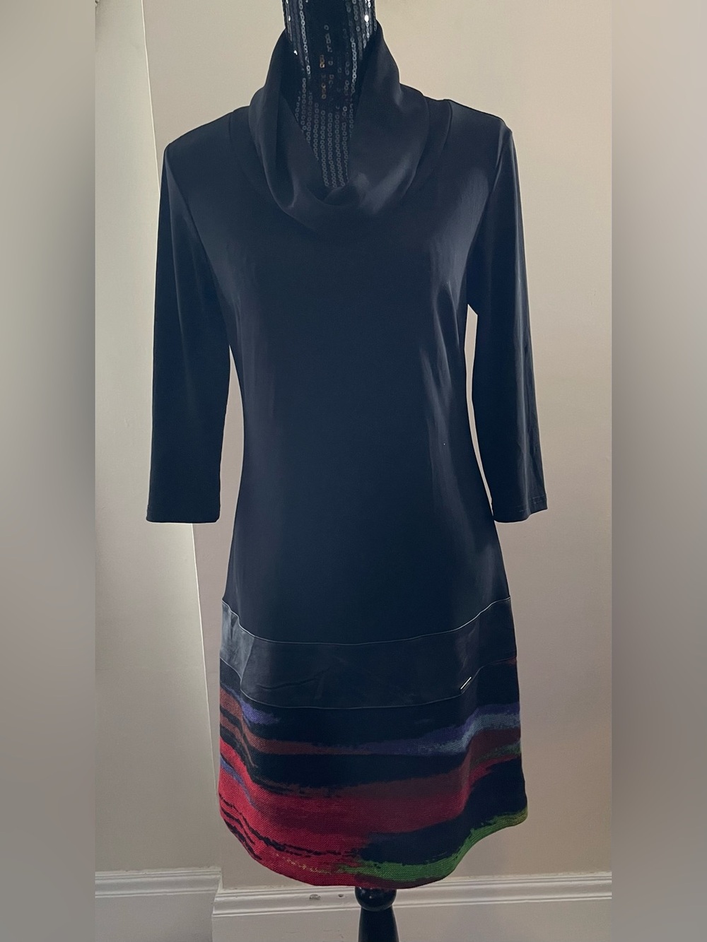 Joseph Ribkoff Black Dress Multicolor Hem Stripes Size 10